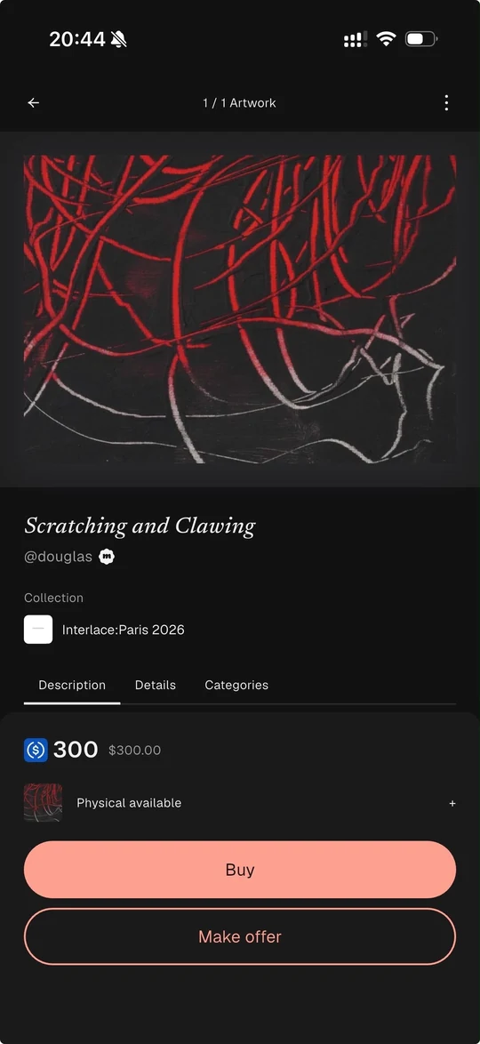 An artwork detail screen with buy and make-offer actions