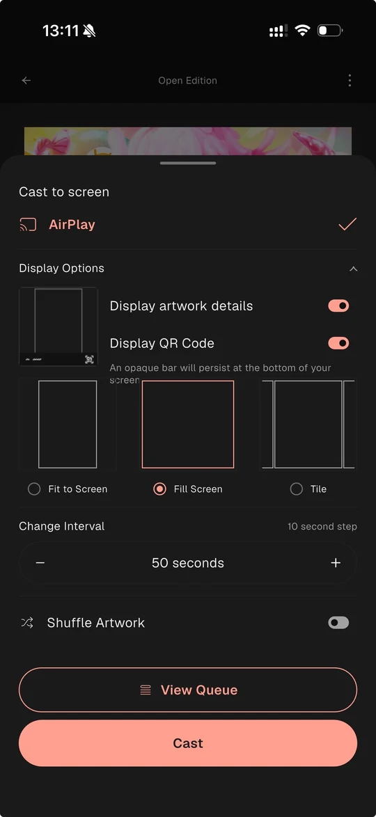 The cast-to-screen settings, with AirPlay selected and display options
