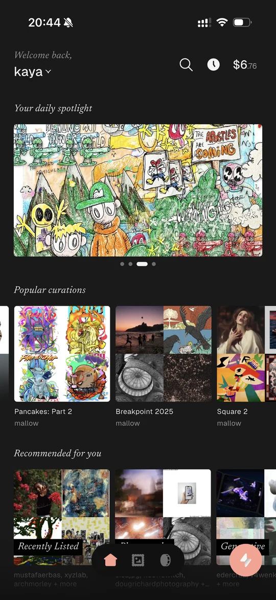 The mallow wallet home screen, showing a daily artwork spotlight and popular curations
