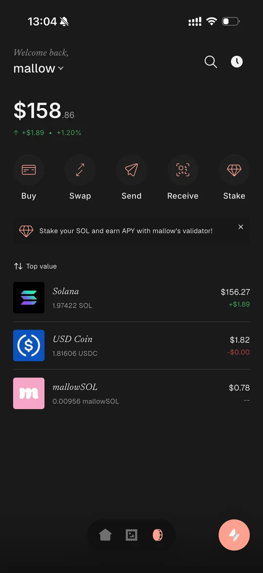 A token portfolio screen showing balances and buy, swap, send, receive and stake actions